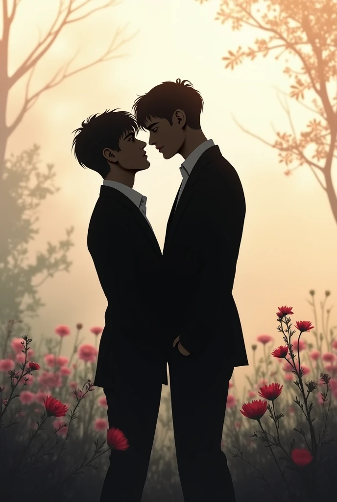 Naruto Uzumaki and Sasuke Uchiha in suits looking into each other's eyes in love and with details of blood splatter and rose petals