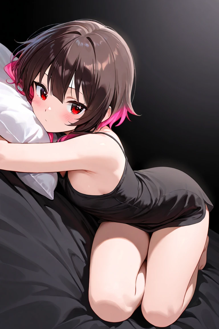 Ochaco Uraraka , My Hero Academia, big ass, black lace lingerie, black lace bra, no panties, showing vagina, showing anus, black stockings, lying on the bed face down, holding her ass with one hand, heart eyes, black panties covering her ass