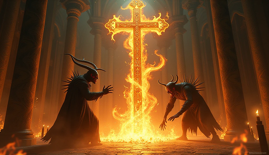 the devil swiping at a cross