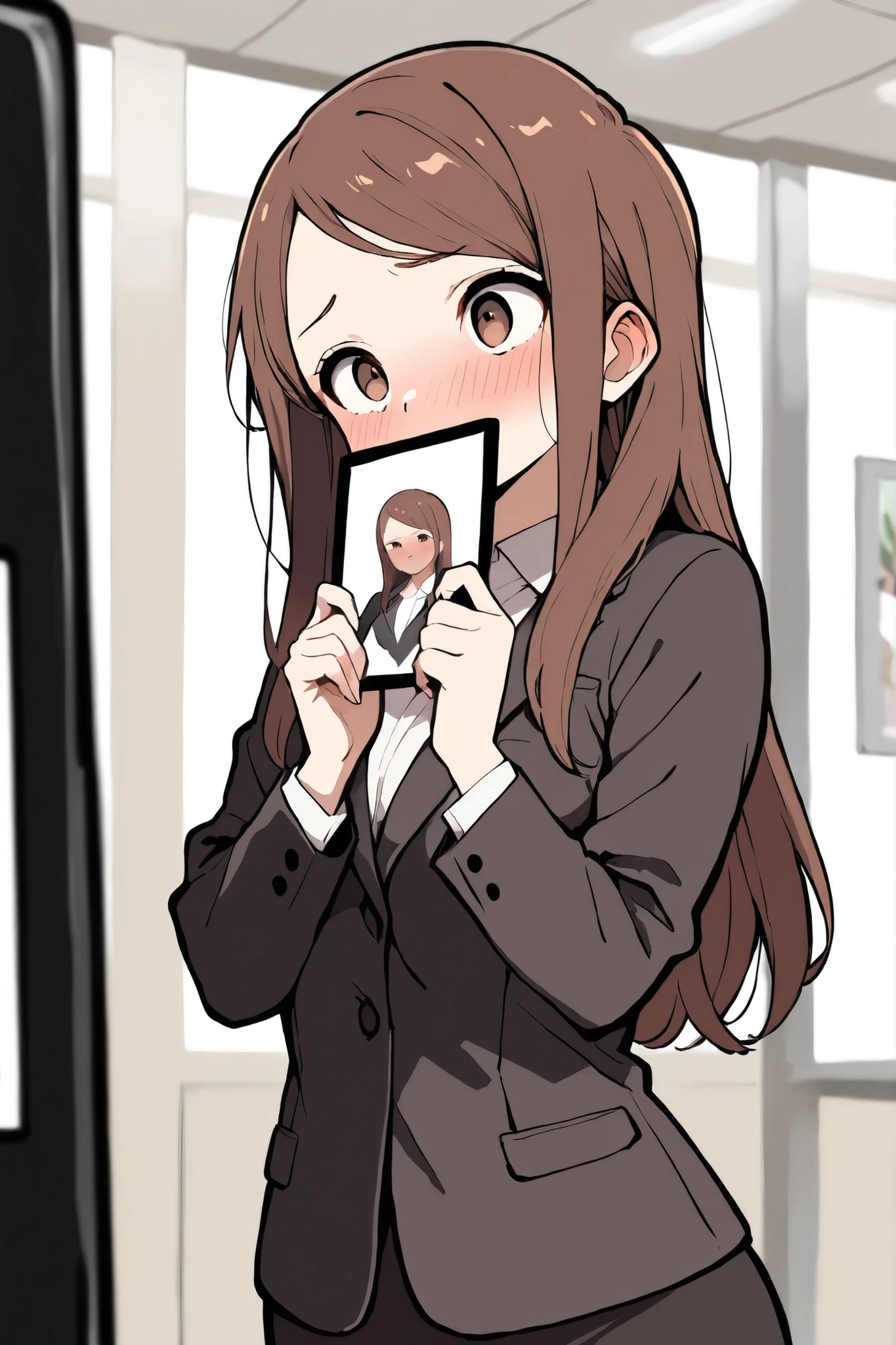 masterpiece, best quality, highest resolution,1 girl, right brown hair, long hair, brown eyes, blush, Shameful_face, side gaze, holding a picture, office background,