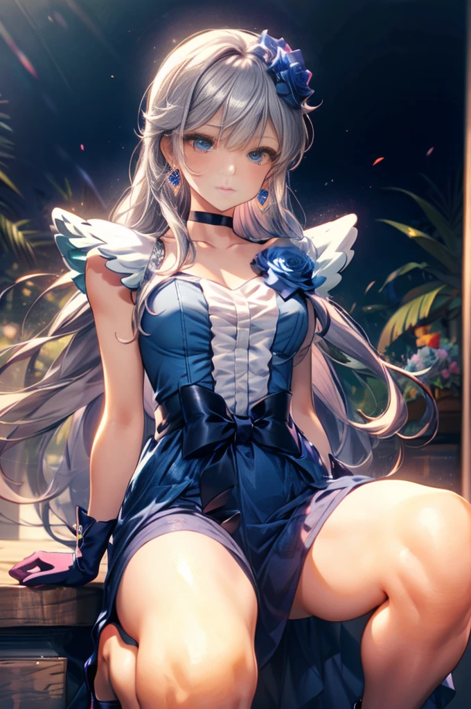 (Highly detailed CG), (Highest quality),(full body),(( Squat,Spread your legs,Strike a Pose)),1 Girl,alone, black choker, earrings, blue flower, magical girl, waist bow, cure moonlight dress, jewelry, flower, wrist cuffs, single elbow glove, boots, eyelashes,Perfect Face, Shiny skin, Shiny skin, Wide Hips,Tight waist,Knee-high boots,Elbow Bag,1 Girl, Long Hair, Big Breasts,Thick thighs,sunset,Octane,