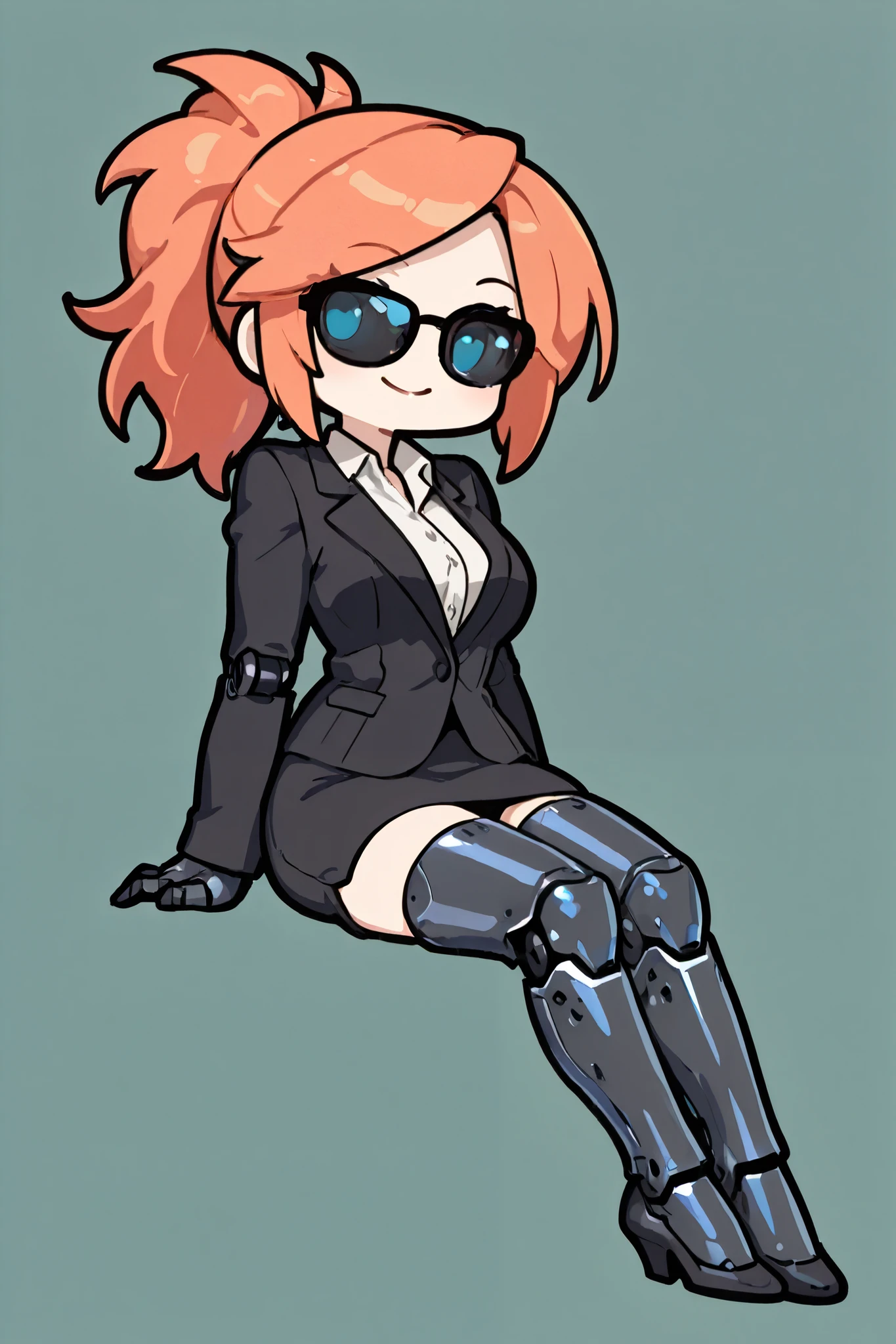 masterpiece, best quality, highest resolution, 1 girl, solo, orange hair, iron legs, iron arms, black suit, dress shirt, skirt,mature, smile, simple background,ponytail,, blue eyes, happy, blue eyes, sunglasses, chibi style, sitting