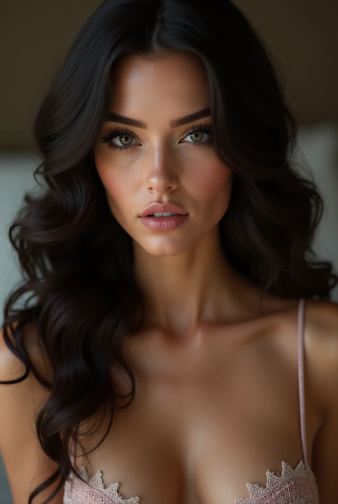 create a brunette milf, with a beautiful face, but very slutty, wearing very provocative clothing, has black eyes, very long black hair, with golden locks, full, pink mouth