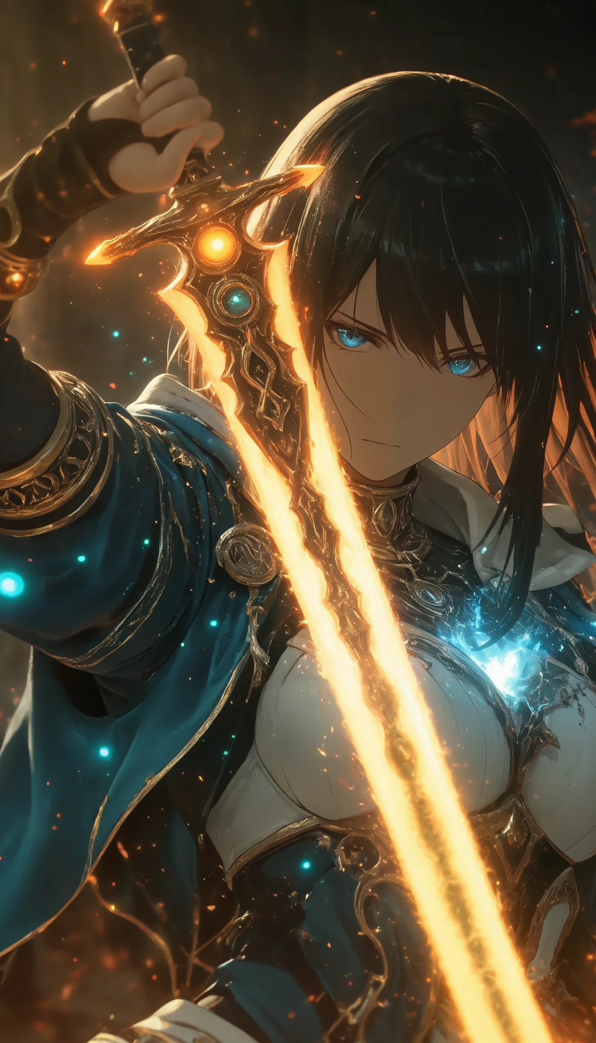 a boy,epic poses,espada de embers,glow condensado en la espada,heat particles,sword in the foreground,portrait in the foreground,(epic, glow, Particles , brilliant, ember)