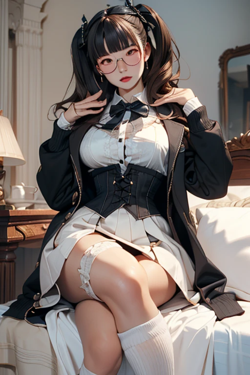 girl with。World of Swords and Magic。sitting on a chair and reading。White underwear。wears glasses。a miniskirt。（（Opening the crotch））。garters。huge tit。