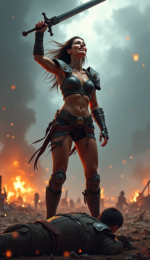 A stunning digital painting of a fierce female warrior standing atop a fallen enemy, raising her sword high as she roars in victory. Her battle-worn leather  is stained with sweat and dirt, her metal shoulder guards gleaming in the dim battlefield light. Blood trickles from a wound on her cheek, but she stands unshaken, her eyes burning with triumph. The sky behind her is stormy, and the battlefield is littered with broken weapons and defeated foes. Torches and burning wreckage cast flickering light across the scene, creating an epic, almost mythical atmosphere. High-detail fantasy realism with dramatic lighting and a heroic pose.