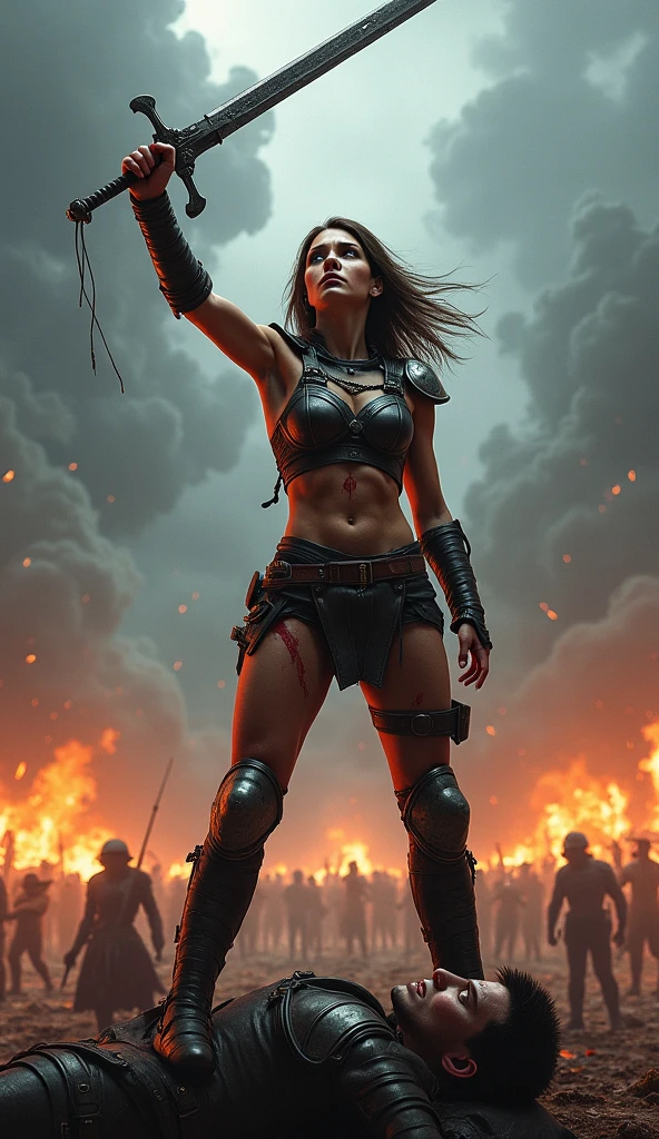 A stunning digital painting of a fierce female warrior standing atop a fallen enemy, raising her sword high as she roars in victory. Her battle-worn leather bodysuit is stained with sweat and dirt, her metal shoulder guards gleaming in the dim battlefield light. Blood trickles from a wound on her cheek, but she stands unshaken, her eyes burning with triumph. The sky behind her is stormy, and the battlefield is littered with broken weapons and defeated foes. Torches and burning wreckage cast flickering light across the scene, creating an epic, almost mythical atmosphere. High-detail fantasy realism with dramatic lighting and a heroic pose.