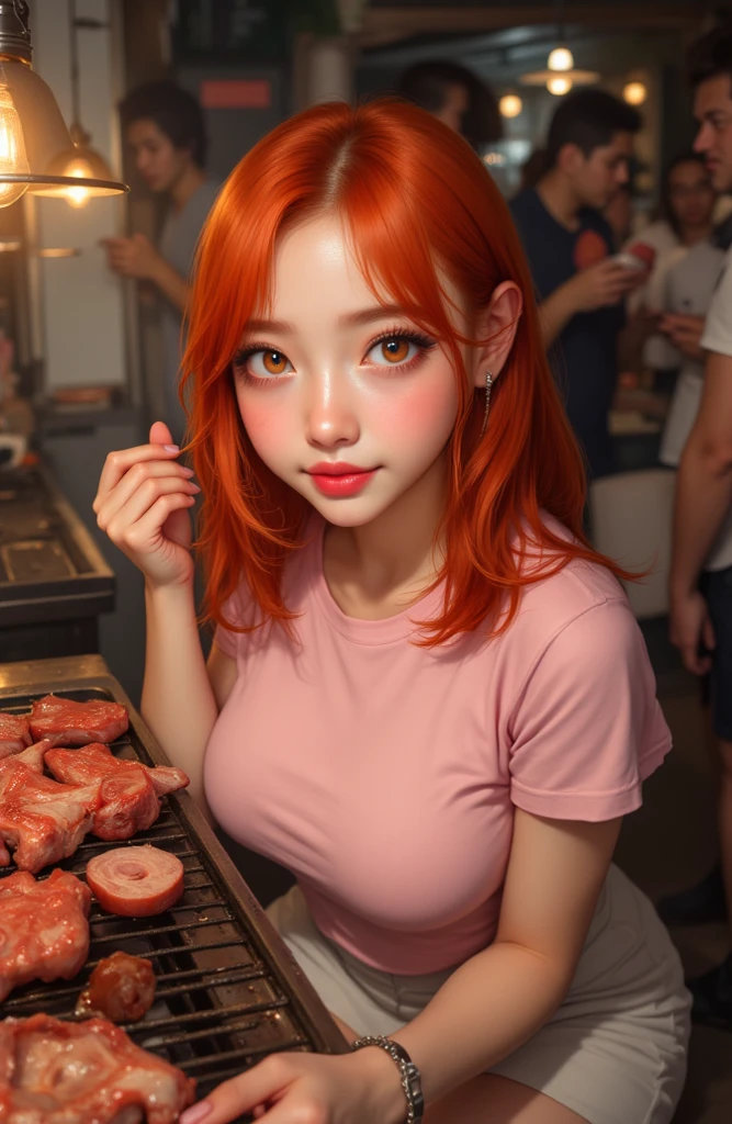 Cute girl, age 18, redhead, wearing a  tight red top with a cutout, cleavage, blue jeans,  eating lunch, sfw

