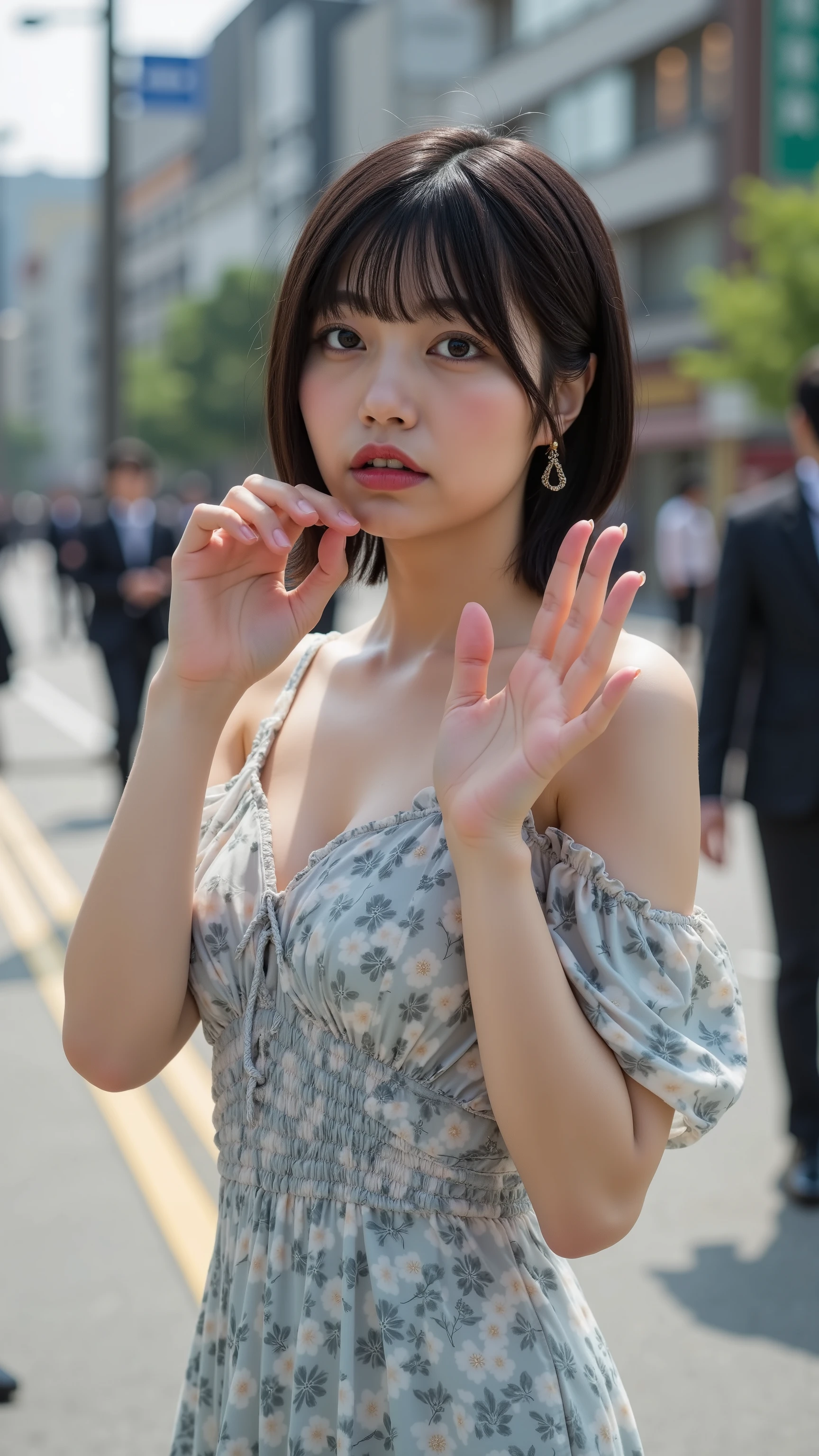 a high resolution photograph of a Japanese young woman, (photo-realistic, realistic, masterpiece, best quality), Intricate details, extremely detailed, ultra high definition, 8k, film grain, lens flare glow, sharp focus, professional lighting, fashion shoot, solo, 1girl, (off-shoulder sundress), profile, upper body, pale skin, bob cut glossy hair with bangs, detailed face, detailed eyes, sophisticated nose, seductive lips, ok sign with hand as fellatio gesture, open mouth, tongue, sensual face, detailed hands, detailed fingers, anatomically correct proportion, outdoors, public indecency, exbitionism, humiliation, frowning, embarrassed,