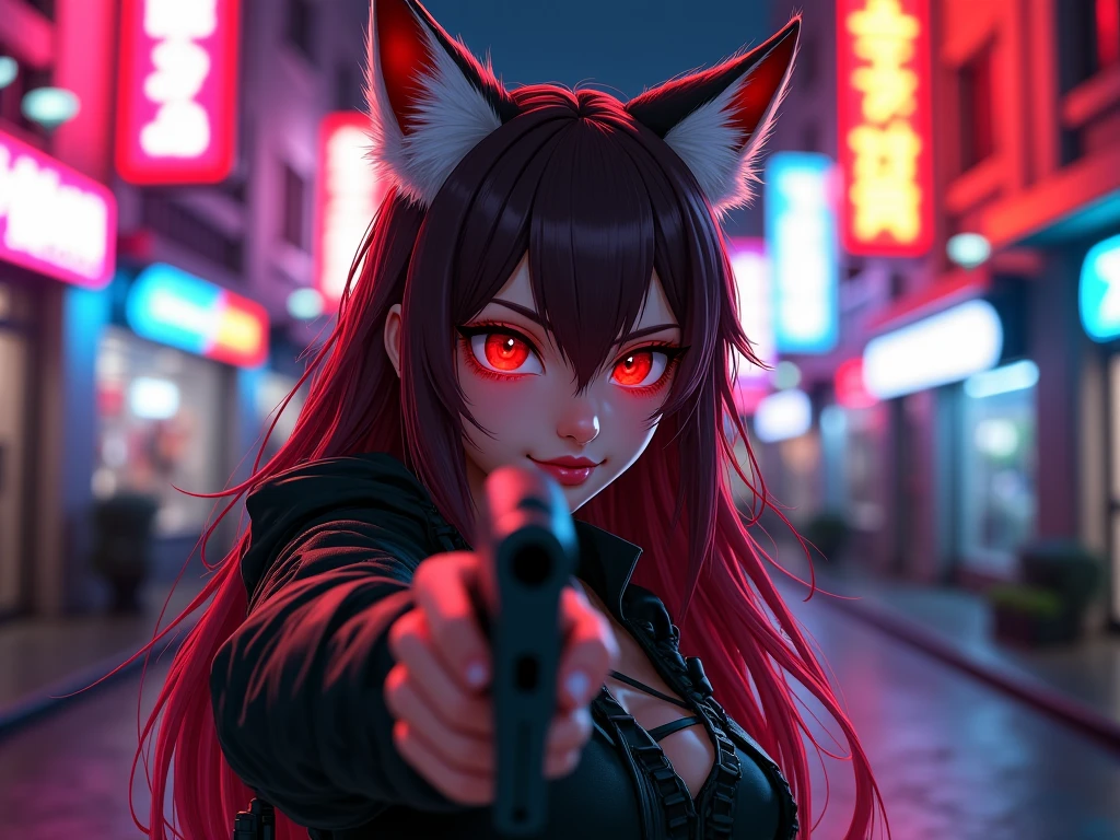 Girl character set in jujutsu kaisen with short black curly hair with red, one eye is green and the other eye is orange, light brown complexion, somewhat large chest, with a gun, scar on face and a mythological creature on the back along with the city of Japan