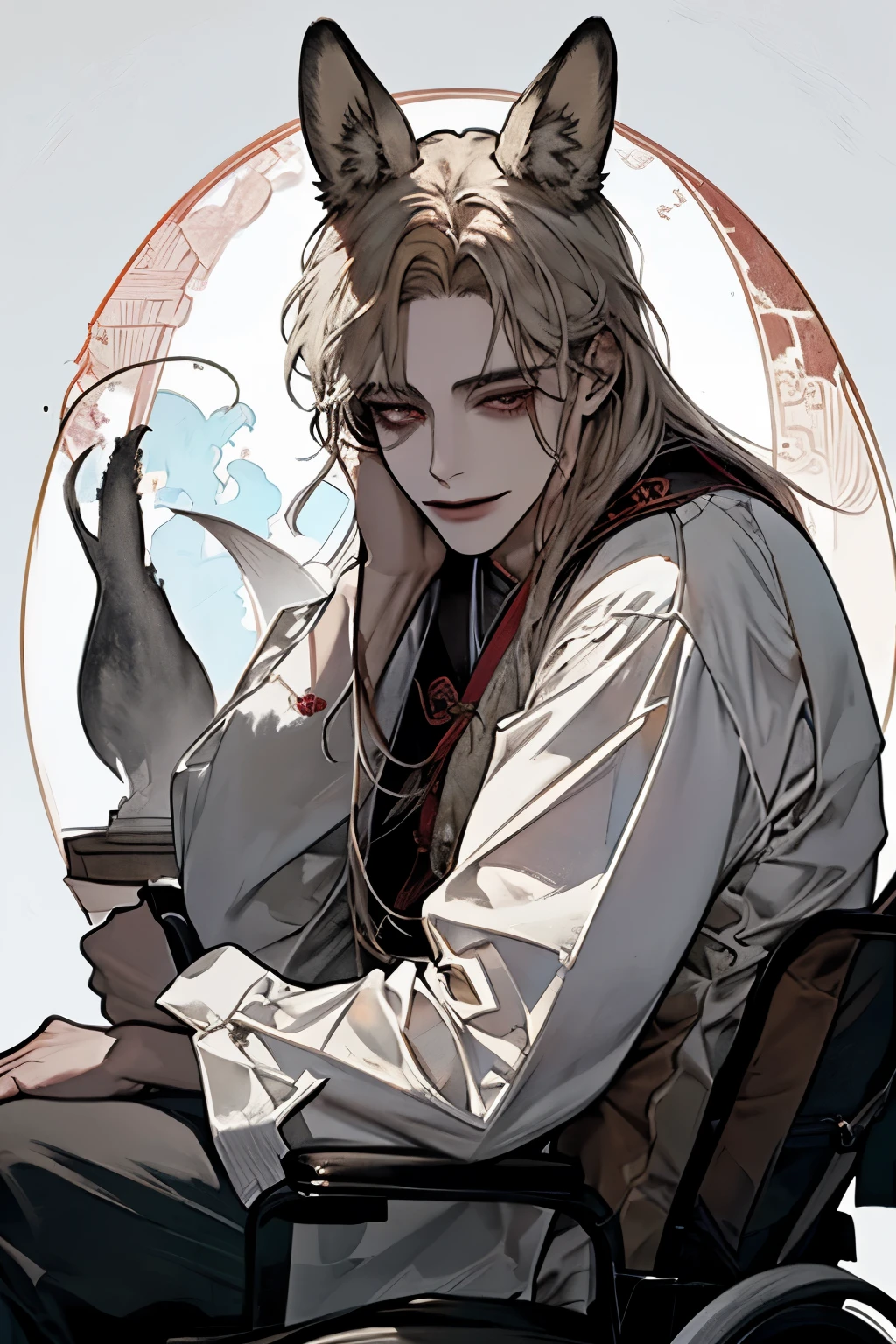 Outstanding Performance, Good qualityที่สุด,Good quality, Fine Eyes ,scene: A 25-year-old man (whole body) . Exhaustive: A young, white-haired man with fox ears, 25 years old, Red eyes, mullet shape, long hair, eyes looking at the viewer, very normal body. , body perfect , Clear Shadow Light ,The muscles are clear. The man is grown up, not the boy. ((Vintage Chinese Men's Clothes)) ( Smiling creepily) The background is in an ancient Chinese themed luxury house. He is sitting on a wooden wheelchair with a fox tail. , high quality, small details ,Beautiful light and shadow, depth of field , Reflection, trembling,atmospheric scenery , Characteristic 2:3 --niji 6 --personalize i8vcv6c btdanfp sl5xxj6--style raw --stylize 1000,Full View,Long distance