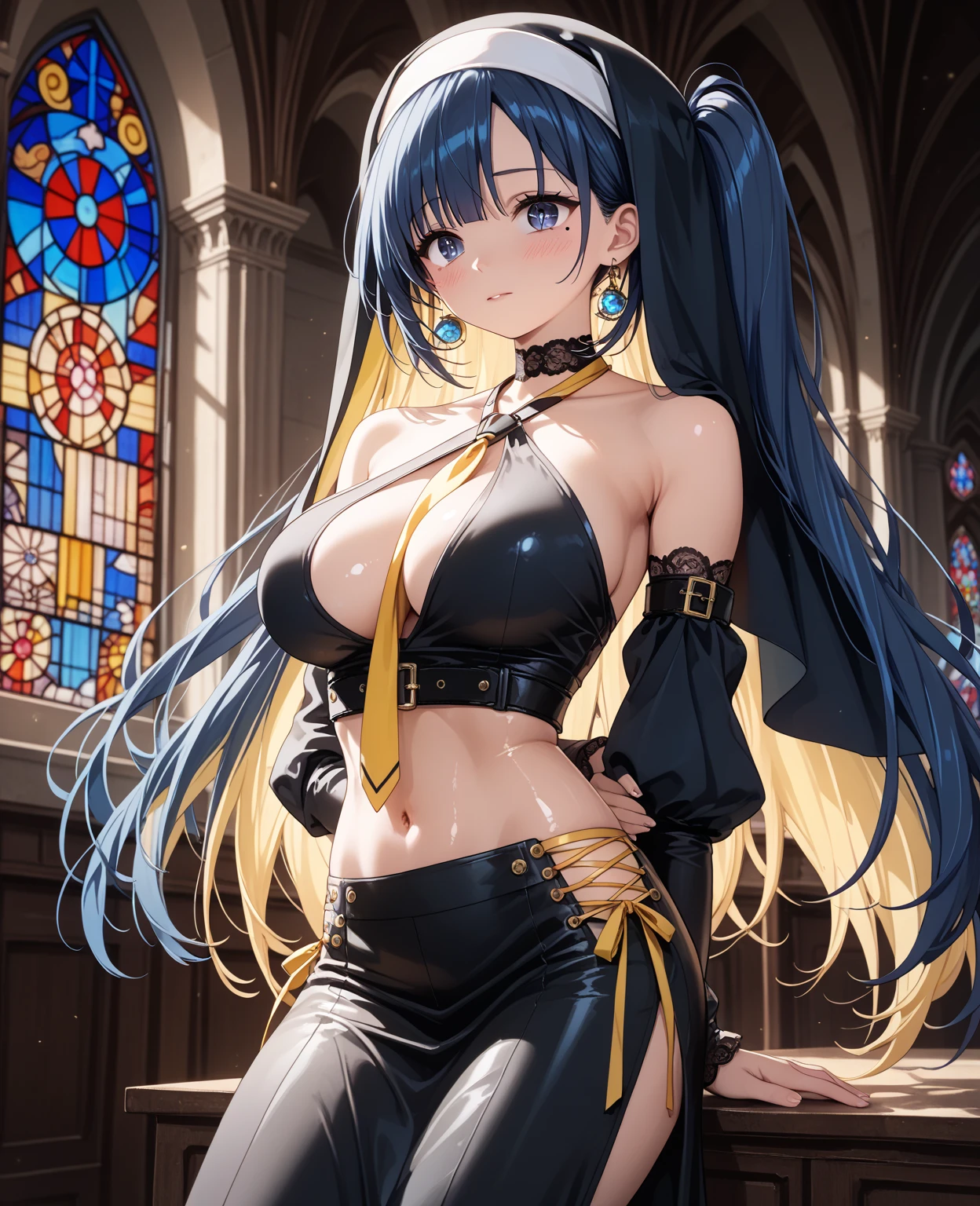 One girl, masterpiece, Very detailed, ((Cinema Lighting)), (Shine), ((Dramatic lighting)), ((Beautiful sparkle)), Intricate details, Lens flare, Multicolored Hair, Rainbow Hair, Long Hair, colorfulなドレス, butterflyの髪飾り, butterfly, (Particles of light), Put your arms behind your back, Large Breasts, [Curvy], Cowboy Shot, A light smile, Green Eyes, church, Stained glass, Spotlight, Dark Background, Floating Hair, Floating Hair, View your viewers,((colorful))