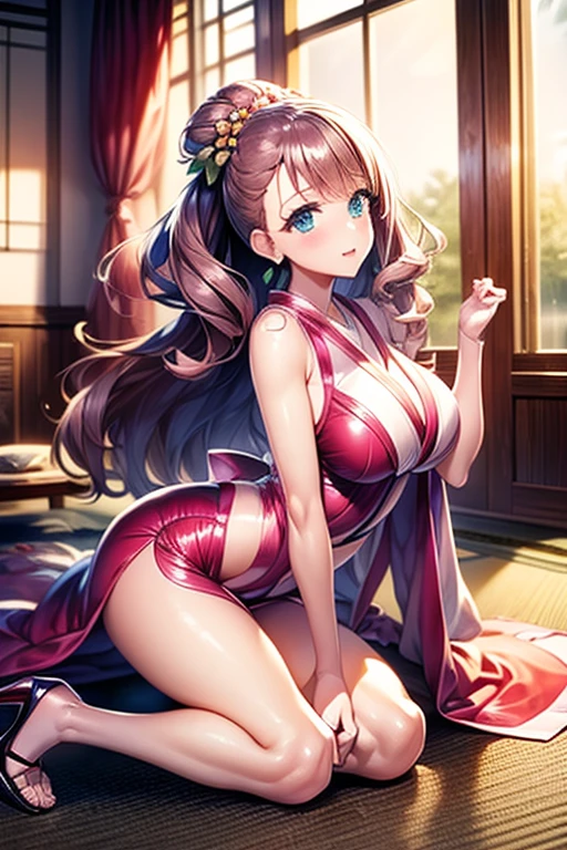 ultra-detailed, ((one girl)), (tan skin improved:1.3),(tanlines:1.3), sweat skin, hyper detailed, absurdres, 8K, Beautiful Face, (Laugh shyly), ((teasing smile:1.8)),((Wink:1.8)), (Laugh with your mouth wide open),((Tilt your head:1.6)), View your viewers, ((Bright red cheeks:1.6)),Glossy Red Lips, ((Big Breasts:1.5)), ((show off breast:1.4)), (erect nipples), ((Fold your arms under your chest:1.3)), night, An observation deck overlooking the sea, (Brighten your face), ((Anime style background)),masterpiece, Highest quality, so beautiful,Latest, Complex details, (Pink long nails), (nail art), (ring),(bracelet), (Floral Choker),AI-generated, Complex,High resolution, Highest quality, super high quality,3D Images、3D Images,One person,Branded long hair,(High Ponytail), (wavy hair:1.3), Anime woman posing for a photo, ((Fine grain、blue eyes、glowing eyes:1.4)), (Squint your eyes:1.1),a hyperRealistic , hyperRealistic , Realistic,Anime woman with long blonde hair, Smooth anime CG art, A girl in a gorgeous pastel-colored kimono, ((undressing)), ((Pastel-colored furisode)),(Pink large floral pattern) ,Long flower hair ornament,Floral Earrings,Mature Body, tall,Narrow waist, ((leaning forward:1.3)), ((model pose)),