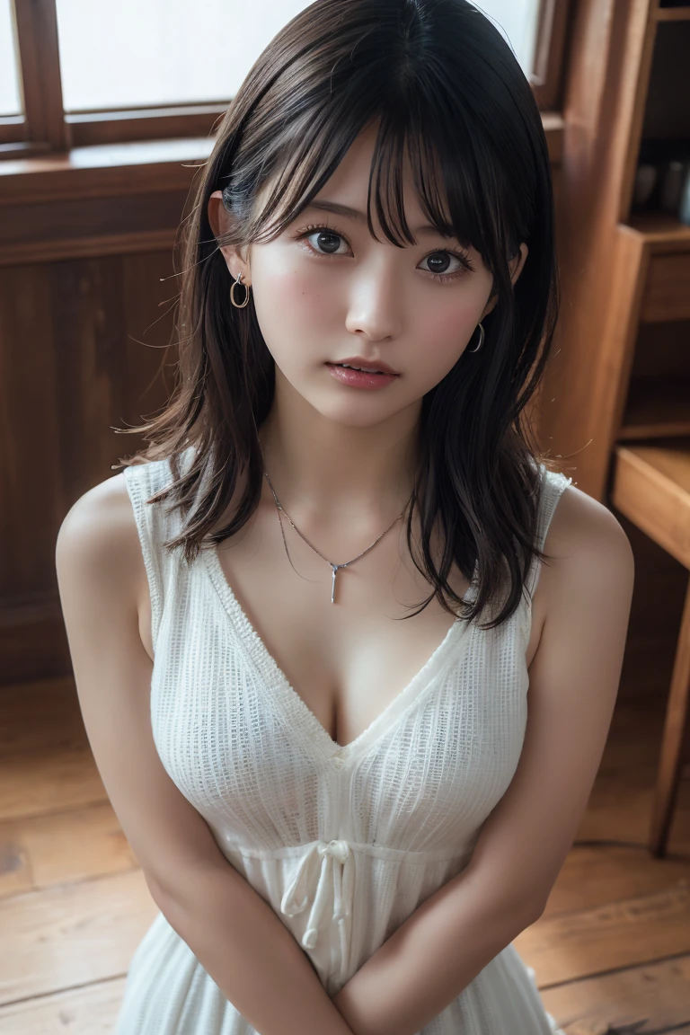 (top-quality,masterpiece:1.3,超A high resolution,),(ultra-detailliert,Caustics),(Photorealsitic:1.4,RAW shooting,)Ultra-realistic capture,A highly detailed,High resolution 16K human skin close-up。 Skin texture is natural、,The pores are、Must be detailed enough to be easy to identify。 Skin should look healthy with even tones。 Use natural light and color,resturant,Waitress uniform,1 girl,japanes,18year old,kawaii,A dark-haired,Middle hair,(large boob:1.2),smil,Turn your body to the front,(front-facing view:1.2),Looking at the camera,Bust-up shot:1.1,boob focused:1.1,Chest close-up:1.1, sexy pose