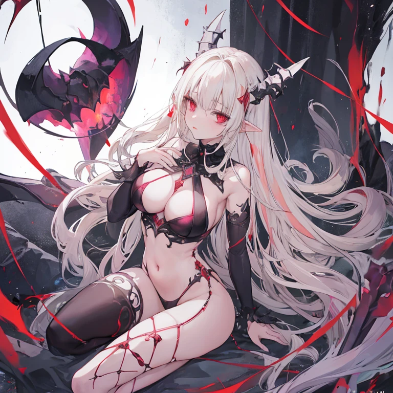 (masterpiece, best quality), 1lady, solo, (white Scales, scaly body), fallen elf, black hair, red eyes, (art by Adam Hughes, zdzislaw beksinski, dariusz zawadzki, giger, frank cho), (big breasts:1), (naked:0.3), (cameltoe:1)