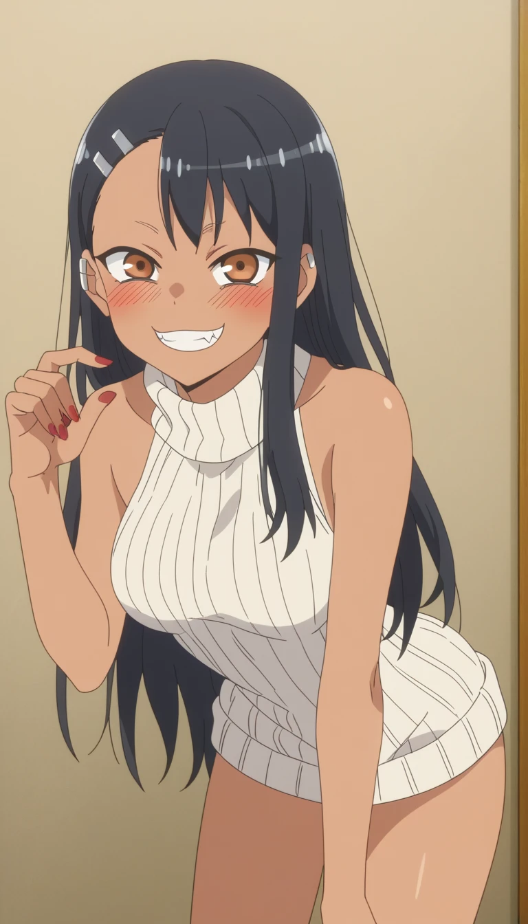score_9, score_8_up, score_7_up, source_anime, anime screencap, anime coloring, 
hayasenagatoro,
hayase nagatoro, long hair, bangs, black hair, hair ornament, brown eyes, hairclip, fang, dark skin, dark-skinned female, tan,
white virgin killer sweater, nail polish, red nails, earclip,
change room, bent over, smile,
looking at viewer, solo, ((very drunk)), ((shows her breasts)), ((naughty)),