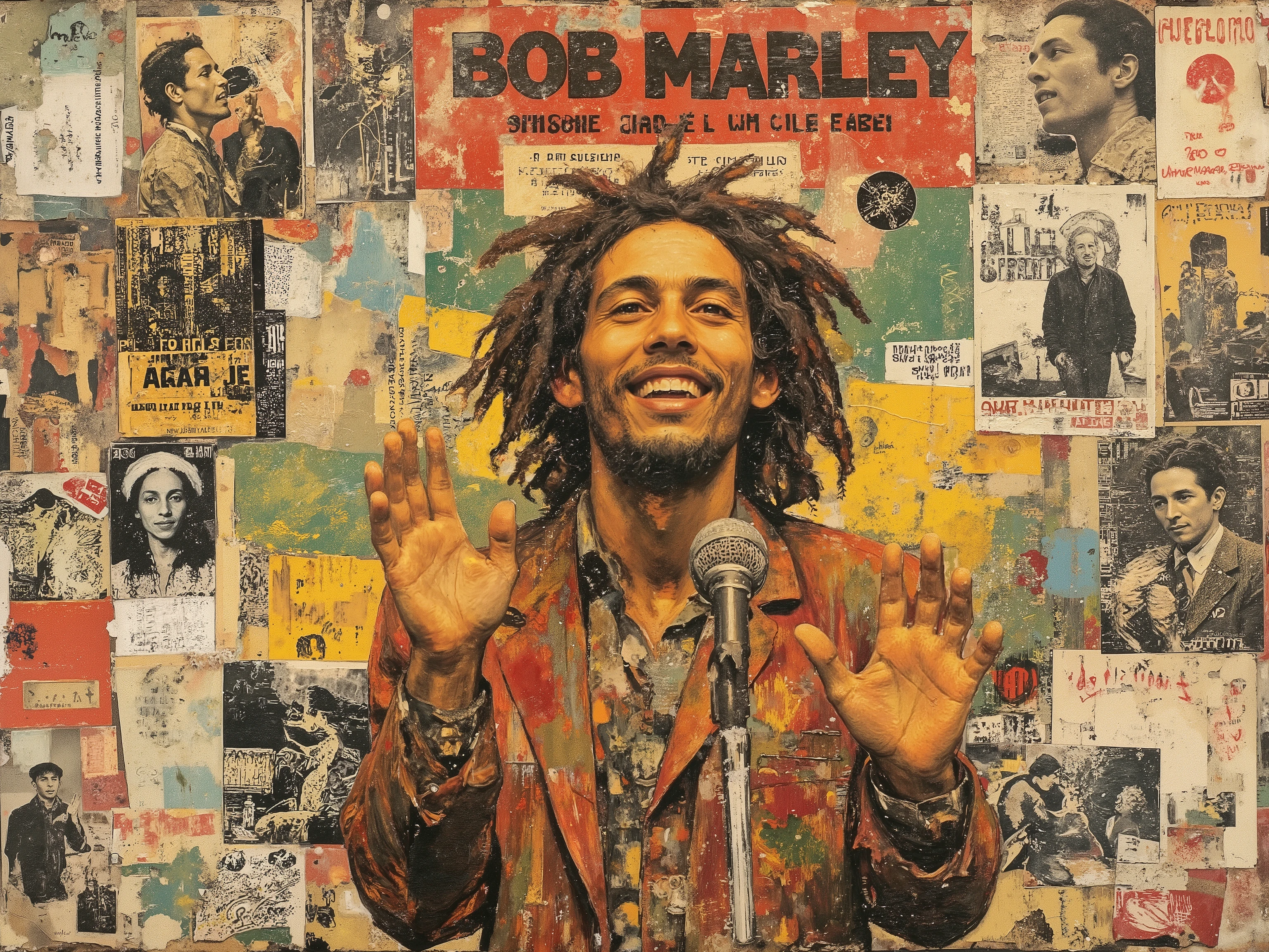 ((bob marley)),smile,(raise hands and clap),microphone stand,jamaican flag background,reggae colors,red,green,yellow,oil painting,collage art,aesthetic decay,david Carson style,Jean-Michel Basquiat style,(many flyers,painting wall,Graffiti wall), ff-collage