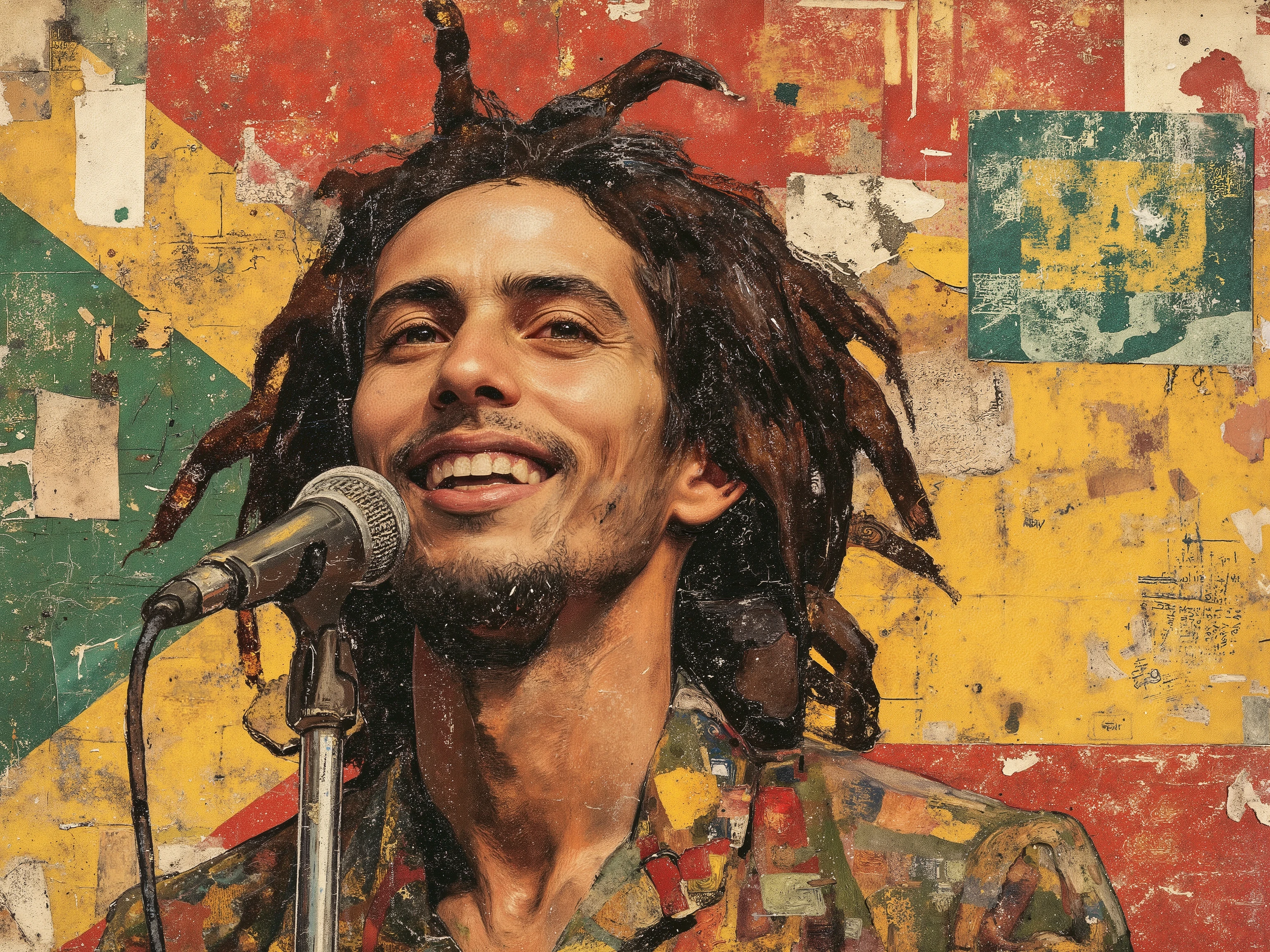 ((bob marley)),smile,(singing),microphone stand,jamaican flag background,reggae colors,red,green,yellow,oil painting,collage art,aesthetic decay,david Carson style,(many flyers,painting wall),   ff-collage