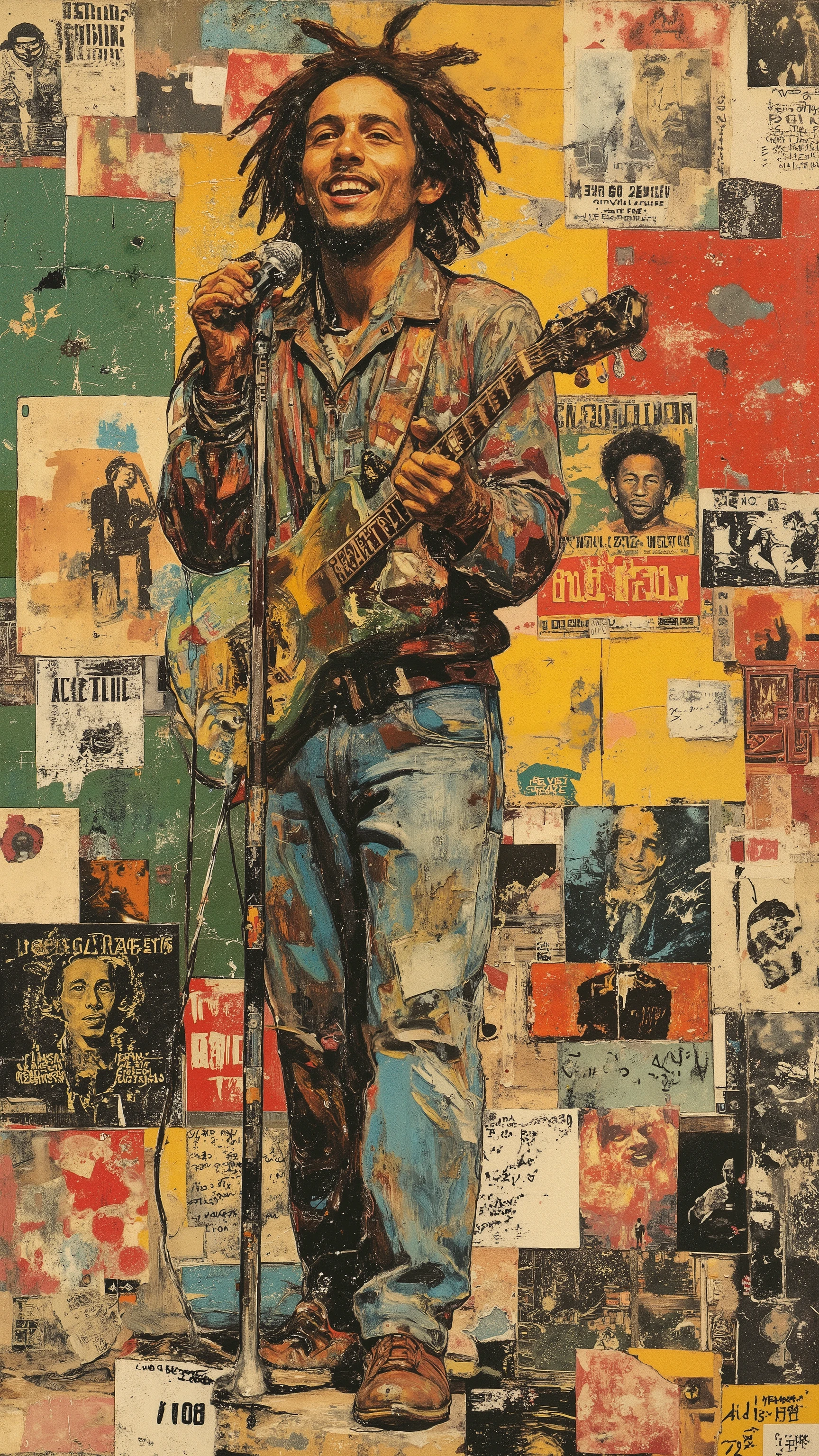 ((bob marley)),smile,(singing),microphone stand,jamaican flag background,reggae colors,red,green,yellow,oil painting,collage art,aesthetic decay,david Carson style,Jean-Michel Basquiat style,(many flyers,painting wall,Graffiti wall),   ff-collage