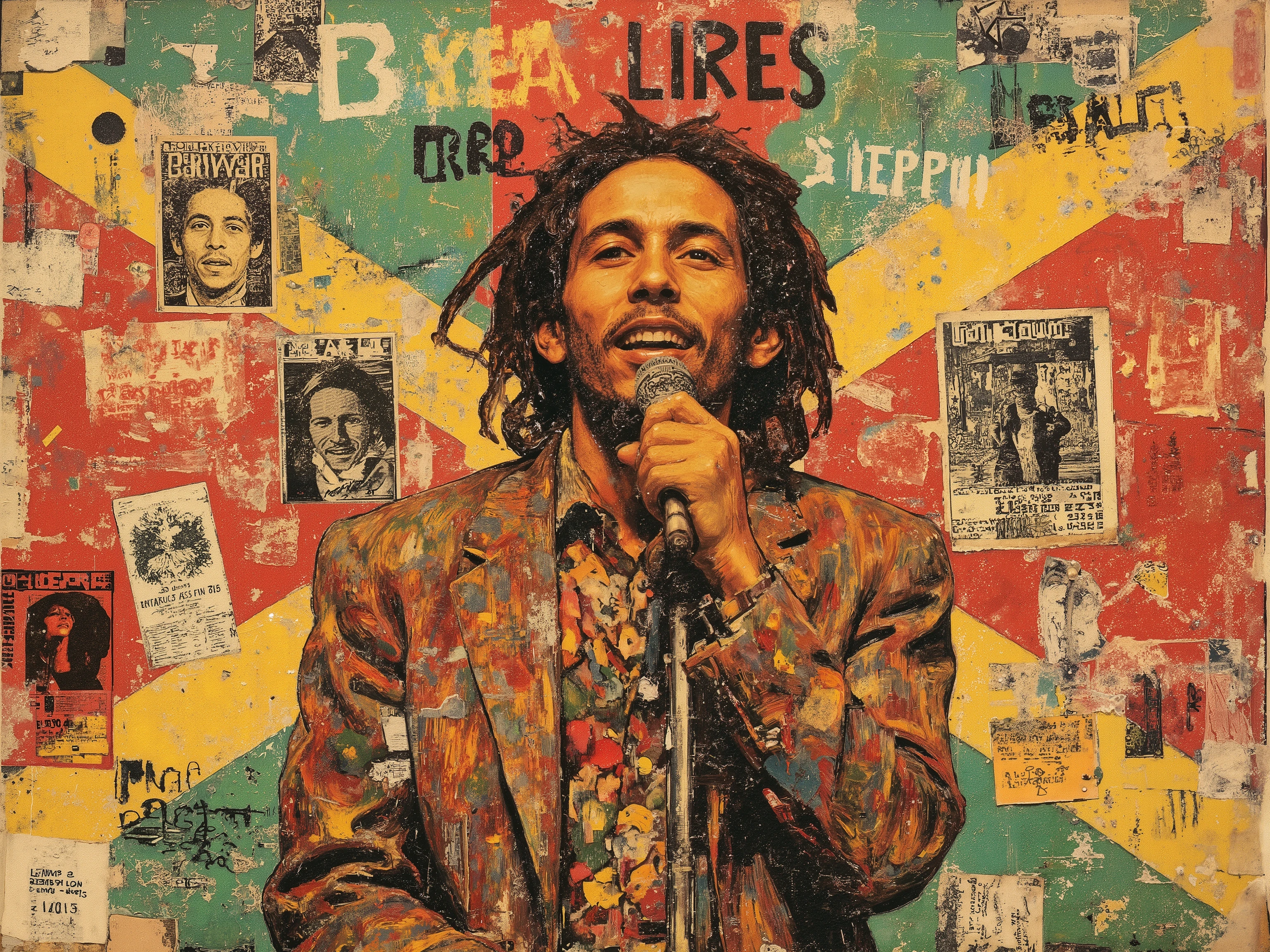 ((bob marley)),smile,(singing),microphone stand,jamaican flag background,reggae colors,red,green,yellow,oil painting,collage art,aesthetic decay,david Carson style,Jean-Michel Basquiat style,(many flyers,painting wall,Graffiti wall),   ff-collage