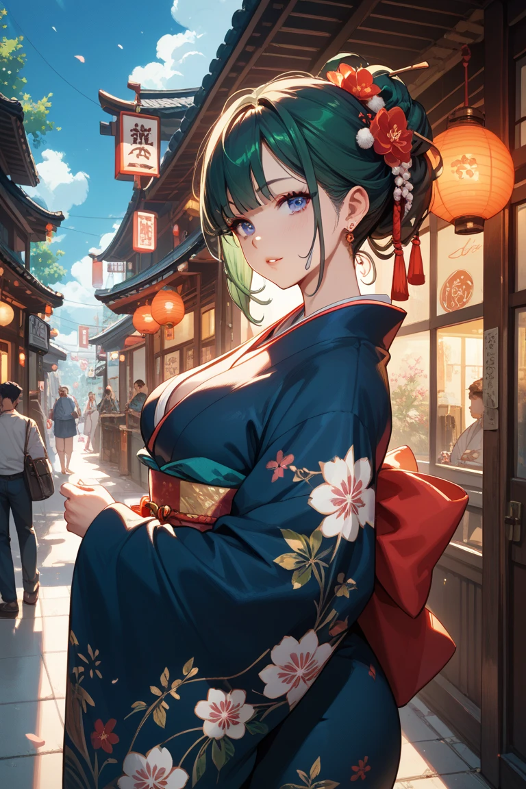 highest quality,wonderful,masterpiece,delicate,ultra high resolution,Super detailed,intricate details,beautiful,8K resolution,(Highly detailed CG Unity 8K wallpaper),sharp focus、anime、fiction、one woman , dark green hair , short hair、Cat ear、Human ears cannot be seen due to hair、red glasses、big breasts、Upper breasts、vivid hair、shaggy hair、messy hair、vivid skin、Glossy skin、 lolita、short、cute、beautiful eyes、happiness、Pleasure、smile、red and green kimono、Shoulders are sticking out、sexy、cherry blossoms吹雪、cherry blossoms、cherry blossomsの花びらが舞う、cherry blossomsの花びらがいっぱい、night、nightcherry blossoms、cherry blossomsがライトアップ、