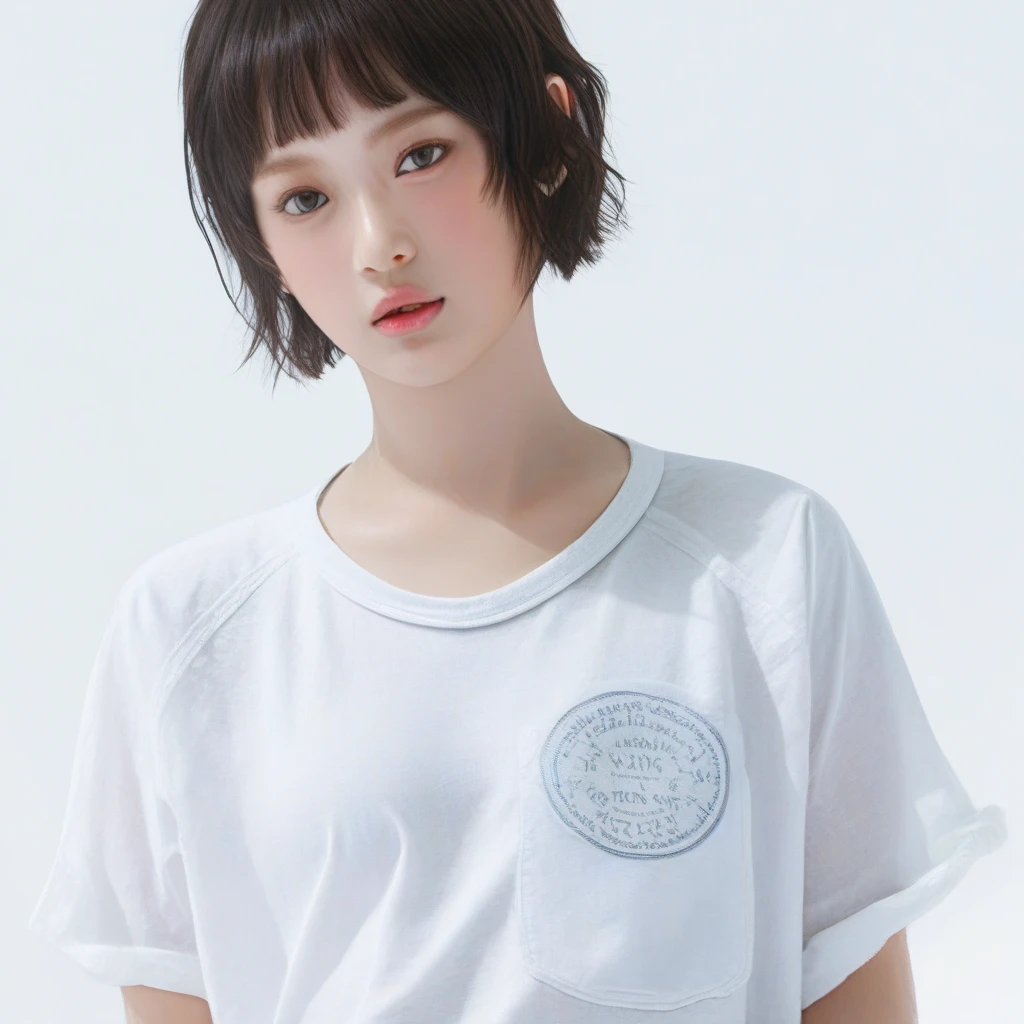 photorealistic, Photography ,BREAK, short hair woman, taking a (selfie:1.8), (from above:1.5) , (white T-shirts and denim) , on the chair , white background, (short hair), BREAK, 8k , LAW , best-quality, masterpiece, hyper realistic detail shiny skin , natural shading , realistic shadow, BREAK (hyper realistic detail shiny skin, detailed skin, detailed hair, ultra sharpness, intricate details), perfect anatomy