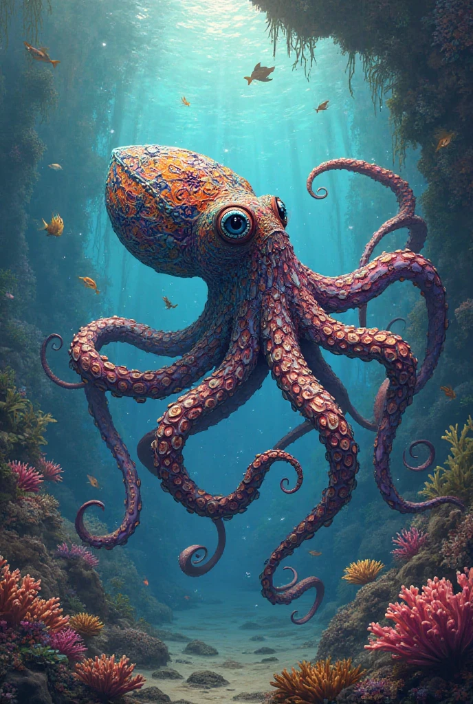 Octopus in the sea with flowers and bubbles, Octopus Garden, Beeple and James Jean, Beeple and Jeremiah Kettner, Highly detailed digital painting, 4K のHighly detailed digital art, Detailed painting 4k, Gorgeous tentacles growing around, Exquisite digital painting, Brilliant tentacles, Just a joke, Highly detailed digital art, Highly detailed digital artワーク,A very large octopus that fills the screen