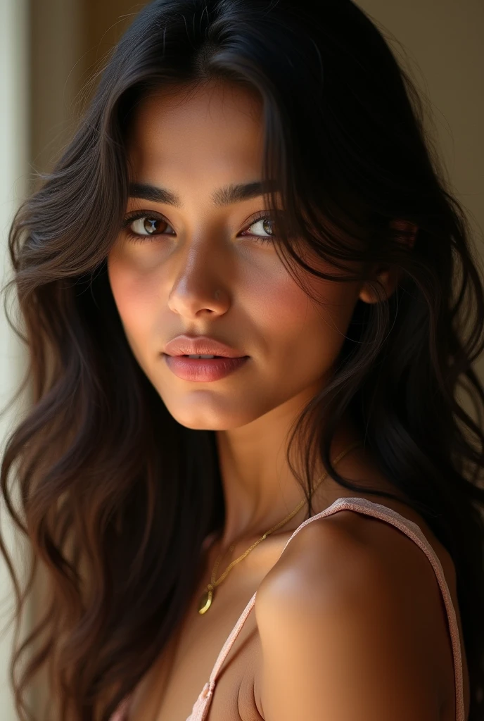 "Create an image of a beautiful Indian girl wearing a stylish top with a vibrant red coat over it. The girl should have eyes similar to Shraddha Kapoor's—large, expressive, and captivating. She should be depicted as the epitome of Indian beauty, with a warm, glowing complexion, long wavy hair, and a face that exudes both innocence and confidence. The background should be soft and elegant to keep the focus on her stunning appearance."