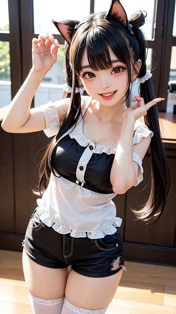 half body shot, contrappasto, blushing, smiling, outdoor, city, expressive eyes, perfect face, dress, uta, long hair, white dress, headphones, ribbon, large breasts, neck ribbon, split-color hair, hair over one eye, twintails, hair rings, black ribbon, standing,