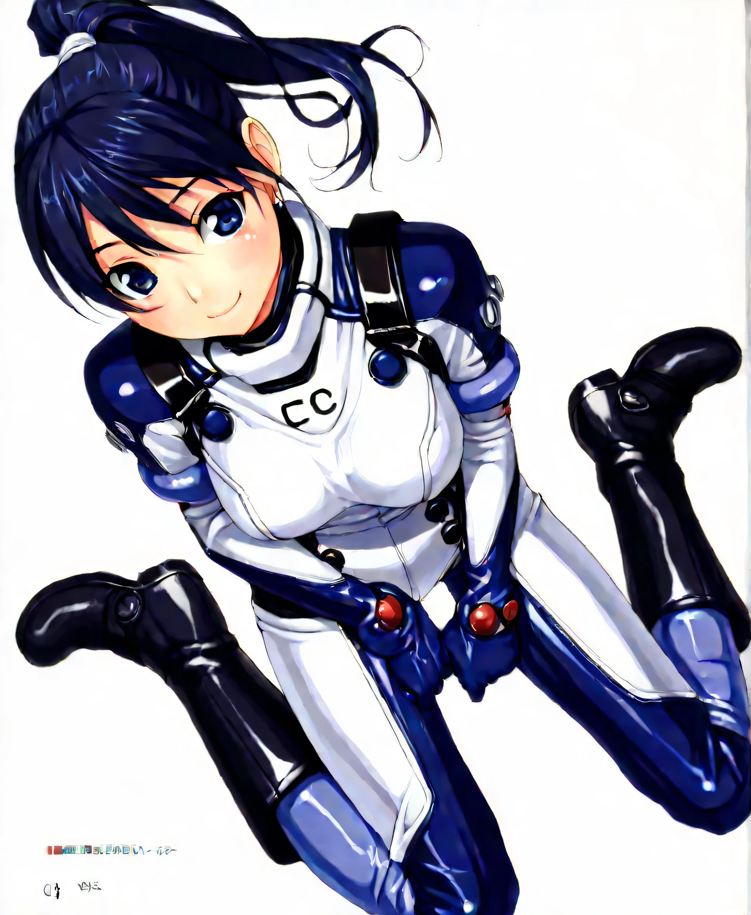 (masterpiece、 top quality、 highest resolution 、 Clear Images 、 Detailed Images、 The angle is from above ): ( one Japanese woman 、 High Ponytail、 Friendly Smiles。 dark blue hair 、 Sparkling blue eyes 、( white and navy blue pilot suit (Enamel Finish )、white and dark blue tight clothing (Enamel Finish )、 that conceals your legs 、 White and dark blue thigh-covering pants 、 white and dark blue shoulder cover 、 wear dark blue fitted pants that hide legs 、Armor to hide the chest、 dark blue fitted innerwear that conceals legs 、Completely conceals the chest )、 very delicate and beautiful、More、 slender body、exoskeleton、 cute、 kind smile、 soft impression 、heroine、white and navy hard boots、 elbow length gloves、 Active Action )、( simple background、 white background:1.5)