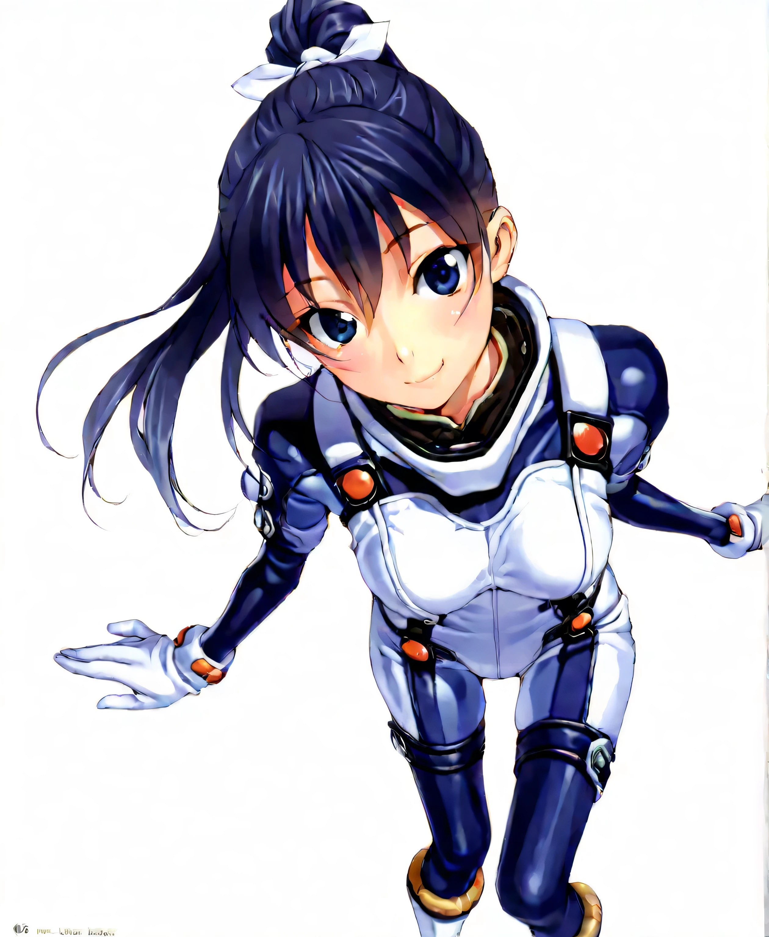 (masterpiece、 top quality、 highest resolution 、 Clear Images 、 Detailed Images、 The angle is from above ): ( one Japanese woman 、 High Ponytail、 Friendly Smiles。 dark blue hair 、 Sparkling blue eyes 、( white and navy blue pilot suit (Enamel Finish )、white and dark blue tight clothing (Enamel Finish )、 that conceals your legs 、 White and dark blue thigh-covering pants 、 white and dark blue shoulder cover 、 wear dark blue fitted pants that hide legs 、Armor to hide the chest、 dark blue fitted innerwear that conceals legs 、Completely conceals the chest )、 very delicate and beautiful、More、 slender body、exoskeleton、 cute、 kind smile、 soft impression 、heroine、white and navy hard boots、 elbow length gloves、 Active Action )、( simple background、 white background:1.5)
