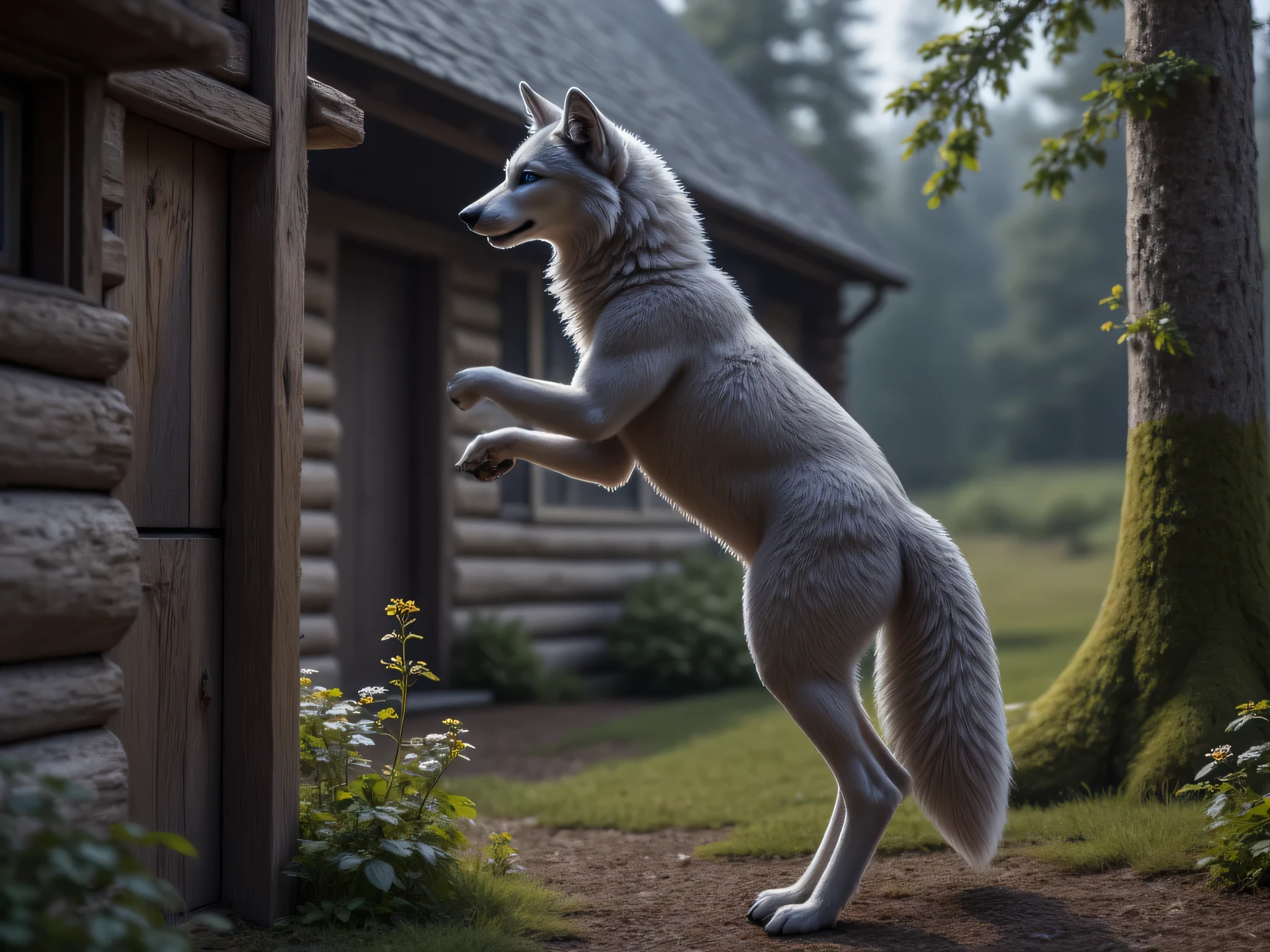  (masterpiece), best quality, 1wolf,  realistic, highly detailed, shallow depth of field, sharp focus, hyperrealism, cinematic lighting, photorealistic style, 8k solution, the gray wolf stands on its hind legs and knocks on the door of grandmas old large log house in the middle of the forest, view from the side, 