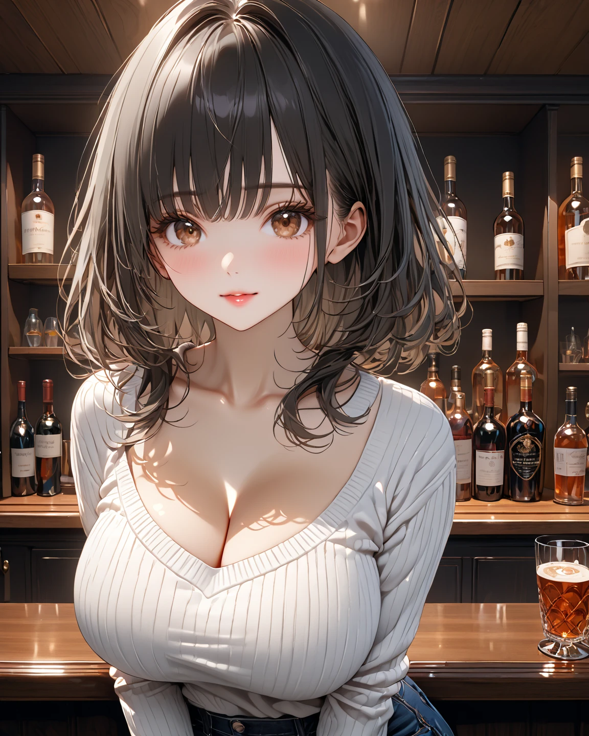1lady solo, mature female, half body, /(short white dress/) /(sexy and revealing/) necklace, /(long brown hair/) bangs, (blush kind smile), (masterpiece best quality:1.2) delicate illustration ultra-detailed, large breasts, cleavage, BREAK /(inside a pub/), detailed background