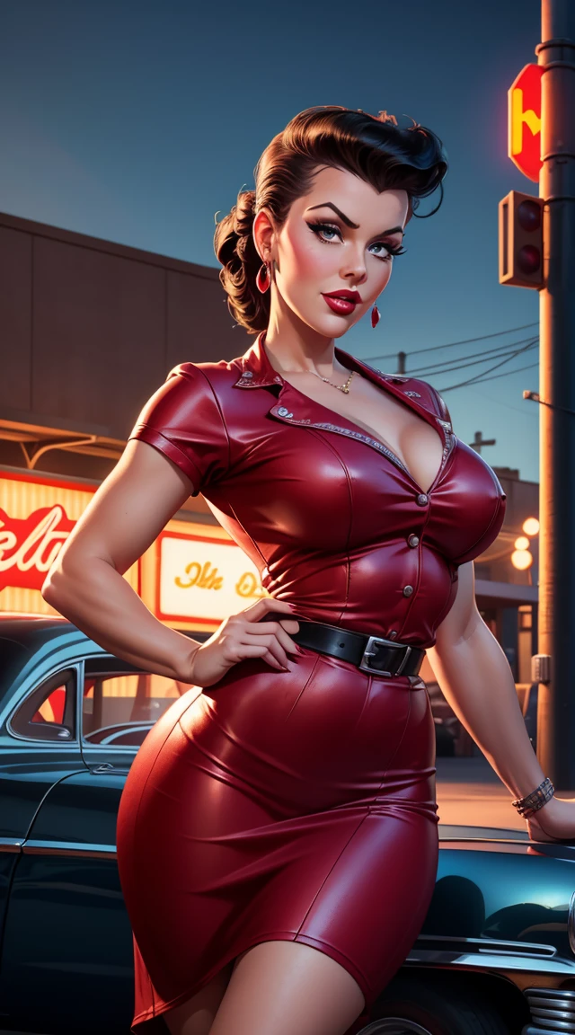 (masterpiece, Top quality, best quality, official art, beautiful and aesthetic: 1.2), ((curvy thicc mature Denise Milani:1.3)), ((black leather long-sleeved formal army shirt, buttoned up:1.5)), ((long black leather pleated skirt:1.5)), ((cropped, straight jet-black hair:1.3)), (tiny waist), ((thicc, thick thighs:1.5)), ((beautiful large green eyes):1.3), (intimidating pose in a boxing ring), (full-body portrait), (vivid colors), (metallic textures), (hot red lips, makeup:1.3), sexy fighter, prominent breasts, rock solid breasts, ((torpedo shaped breasts that defy gravity)), (full body portrait:1.3), big_boltedontits, boltedontits, th3p1t, sakimichan,