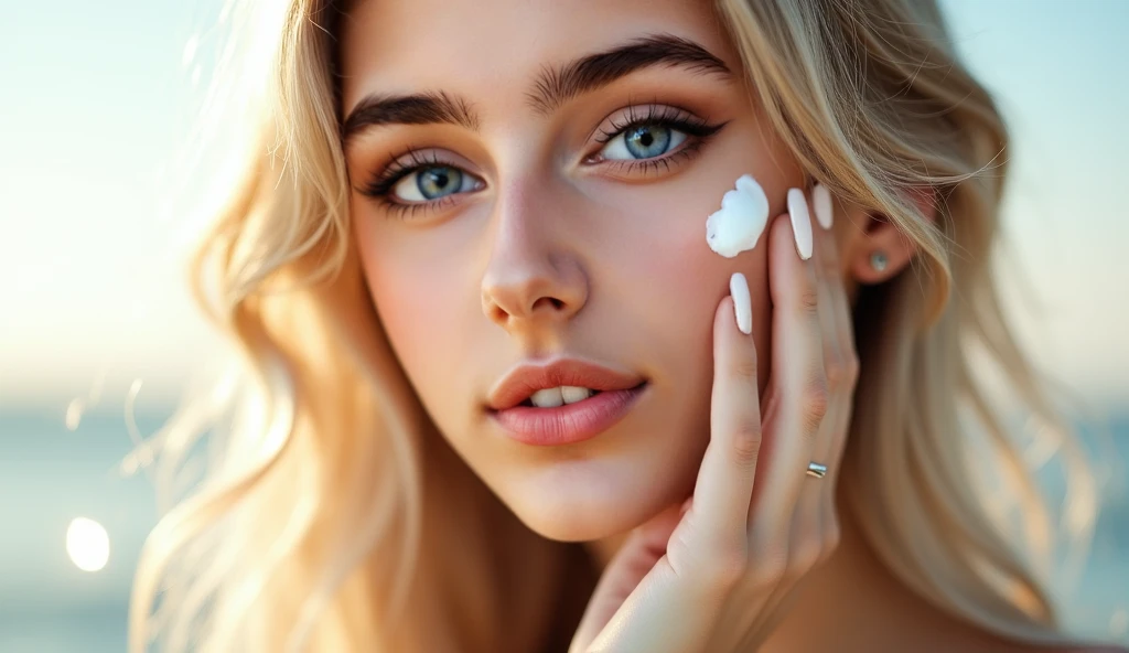 Delicate facial features,White liquid on face ,blonde with blue eyes,Beautuful Women,Full-figured