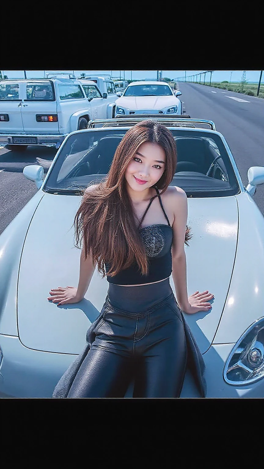 Highly detailed CG Unity 8K wallpaper, highest quality, Super detailed, masterpiece, realistic, photo realistic, Highly detailed cute girl, 25 years old, (whole bodyからつま先まで:1.4)、(whole body)、(whole body to toes)、(shot from the side)、(sitting on the hood of a car)、(lace queen)、(sexy pose）,(model pose)、(big breasts)、(big ass)、(smile at the camera)、( smile ),(whole bodyショット) ,(Side view)、(side shot)、
(Sponsored and wearing grid girl costume&#39;logo is printed.:1.3), (shorts) , (sitting in a motorsport race),   