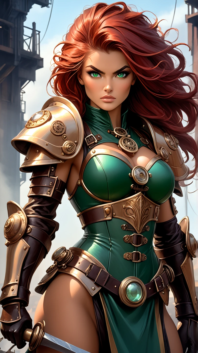 Beautiful viking woman holding shield red hair extremely sexy clothes, muscular body, large breasts