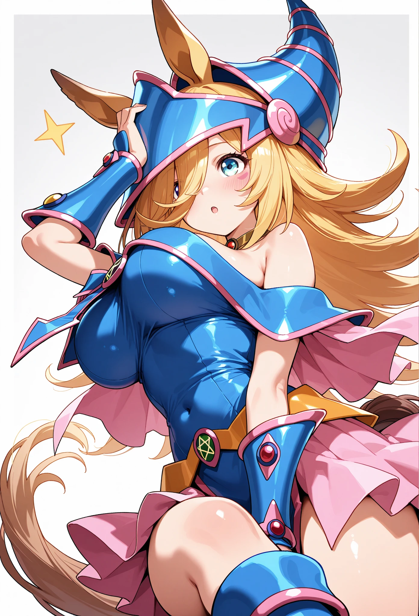 1 girl, solo,masterpiece, best quality, highres, hmdmg1, wizard hat, blue boots, magician's staff, blush, blush stickers, cleavage, bare shoulders, dress, off shoulder, blonde hair, happy, open mouth, floating, magic and fantasy background, legs up,magic auras, symbols, side view, looking at the viewer, perfect anatomy, perfect hands