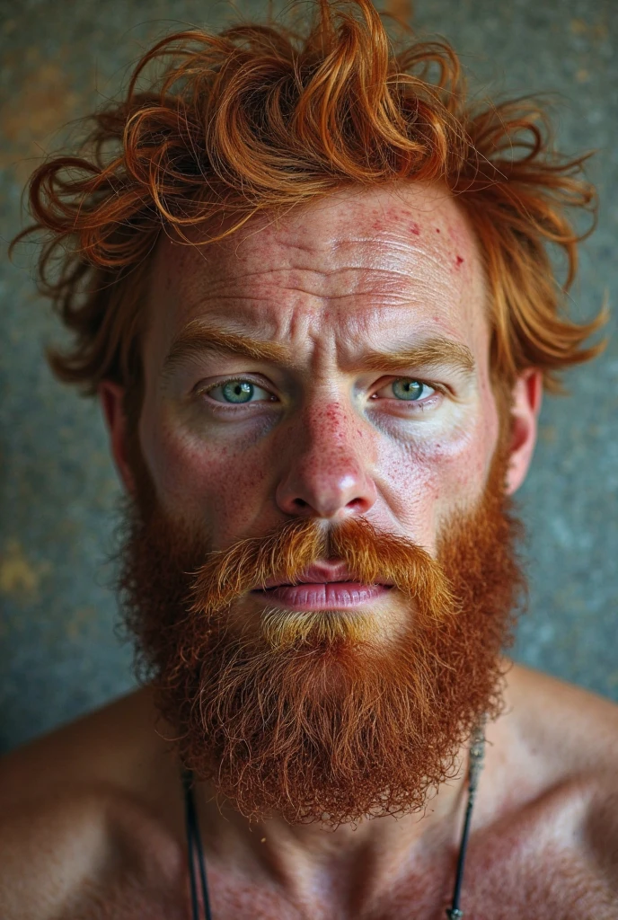Shirtless ginger young man, bearded face, with freckles on face and shoulders, hairy chest, with green eyes