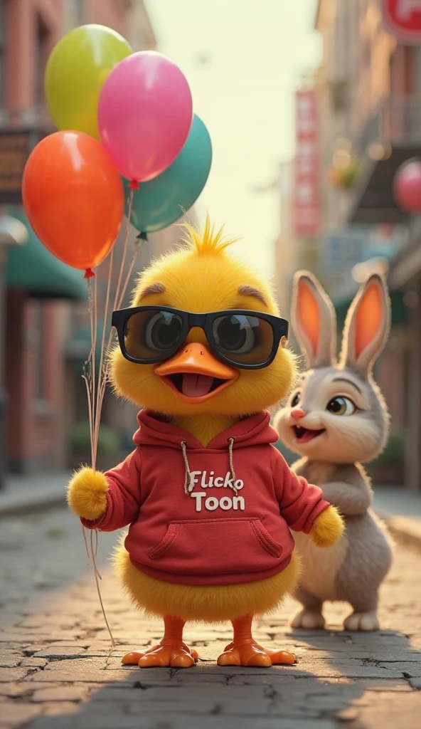 A cute yellow duckling wearing a red hoodie and a black luxury sunglasses. The hoodie has the words **"Flicko Toon"** written on it. The duckling is walking down an American street, holding a few colorful balloons. Just behind it, a rabbit is following closely. The scene is lively with urban surroundings, street signs, and a warm, cheerful atmosphere.