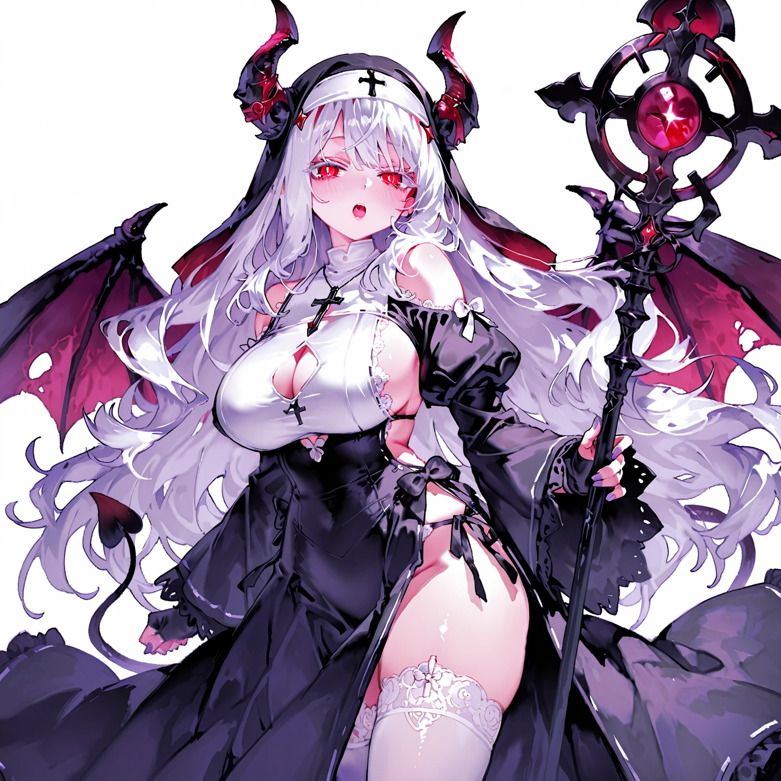 Best quality, 8k, 1 girl, succubus, wings, solo, , silver hair, long wavy hair, purple eyes, hair between eyes, crop_top, jacket, mini skirt, black legwear, sassy , light smile, smirk, tiara headwear, womb tattoo, mature woman, huge breasts, bodystocking, navel clothing cutout, black veil, transparent veil, gorgeous lady