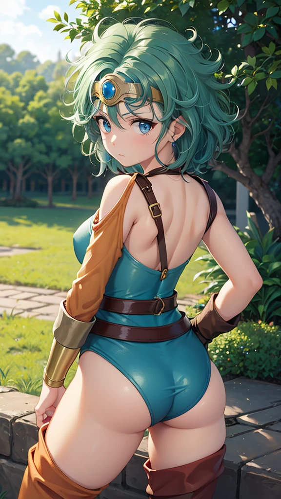 （（（ＳＦＷ、sound、Highest quality、Top notch work、Normal body、、Detailed face、Ultra-precision、normal hand、Normal referral、５refer、Highest）））、beautiful girl、Black Hair、yamato nadeshiko、Small breasts、Shortcuts、Blue leotard、Shoulder Off、、Red Cape、Circlet、Bastard sword、shield、Dragon Quest、grassland、Draw to the smallest detail、Noise is kept to a minimum.、(((recovery))),(((Take photos from the buttocks and back)))