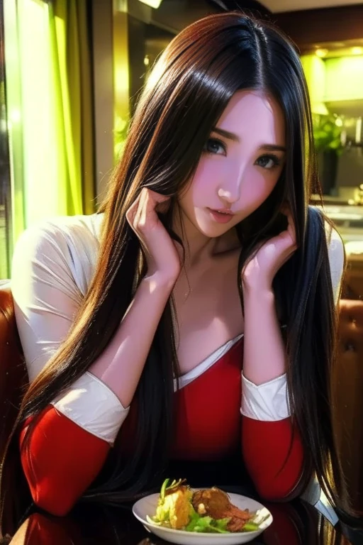 Beautiful black-haired girl with brown eyes and long hair wearing red dress inside an old house professional photo shoot 