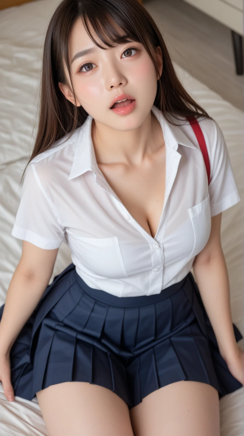 (best quality,4k,highres),ultra-detailed,realistic,cosplay,student uniform, unbutton clothes, unbutton shirt, mini skirt, skirt lift up, open legs,beautiful woman,big breasts, show nipples detailed, dark hairy pussy, pubic hair,vivid colors,portrait,soft lighting