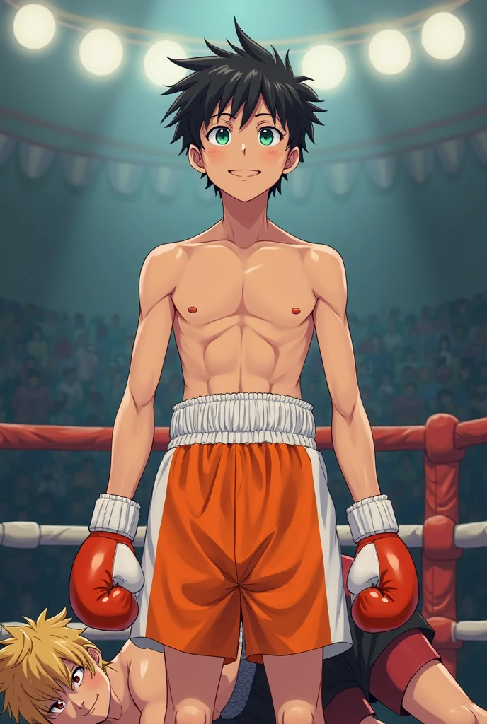 boy, , cute, , whole body, redhead, short hair, (expression of agony), muscular, black skin, (Topless), (nipple), (red shorts), (barefoot), (finding), (spit blood from the mouth), (professional wrestling ring), (audience), (high resolution), (High precision)