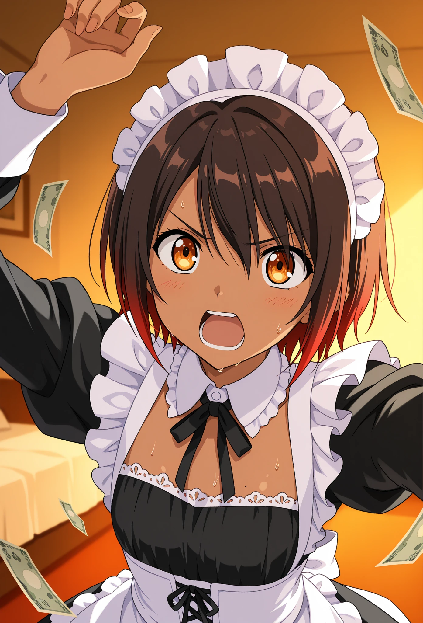 Anime girl, young adult, dark brown skin, wearing a maid outfit,  black bodice with white lace trim, a maid's cap, and dark brown hair,  long, straight, styled with bangs that cover the forehead.  Amber eyes, intense expression, slightly open mouth,  showing a hint of anger or determination.  Body in a dynamic pose, arms outstretched,  revealing upper body details,  with sweat visible on skin.  Indoor setting,  with a blurred background suggesting a dimly lit room or interior space, filled with scattered money.  The clothing, style, and color palette are reminiscent of anime style,  with vibrant,  saturated colors, detailed lace patterns on dress and a slight glow around the subject.  Close-up view,  mid-shot, emphasizing the girl's face and upper body.  Warm,  soft lighting highlights the figure.  Focus on the main character, with a bit of background visible, with money notes adding depth.  Anime style,  close up,  vibrant colors.  --ar 1:1.7 --v 5 --q 2 --s 700