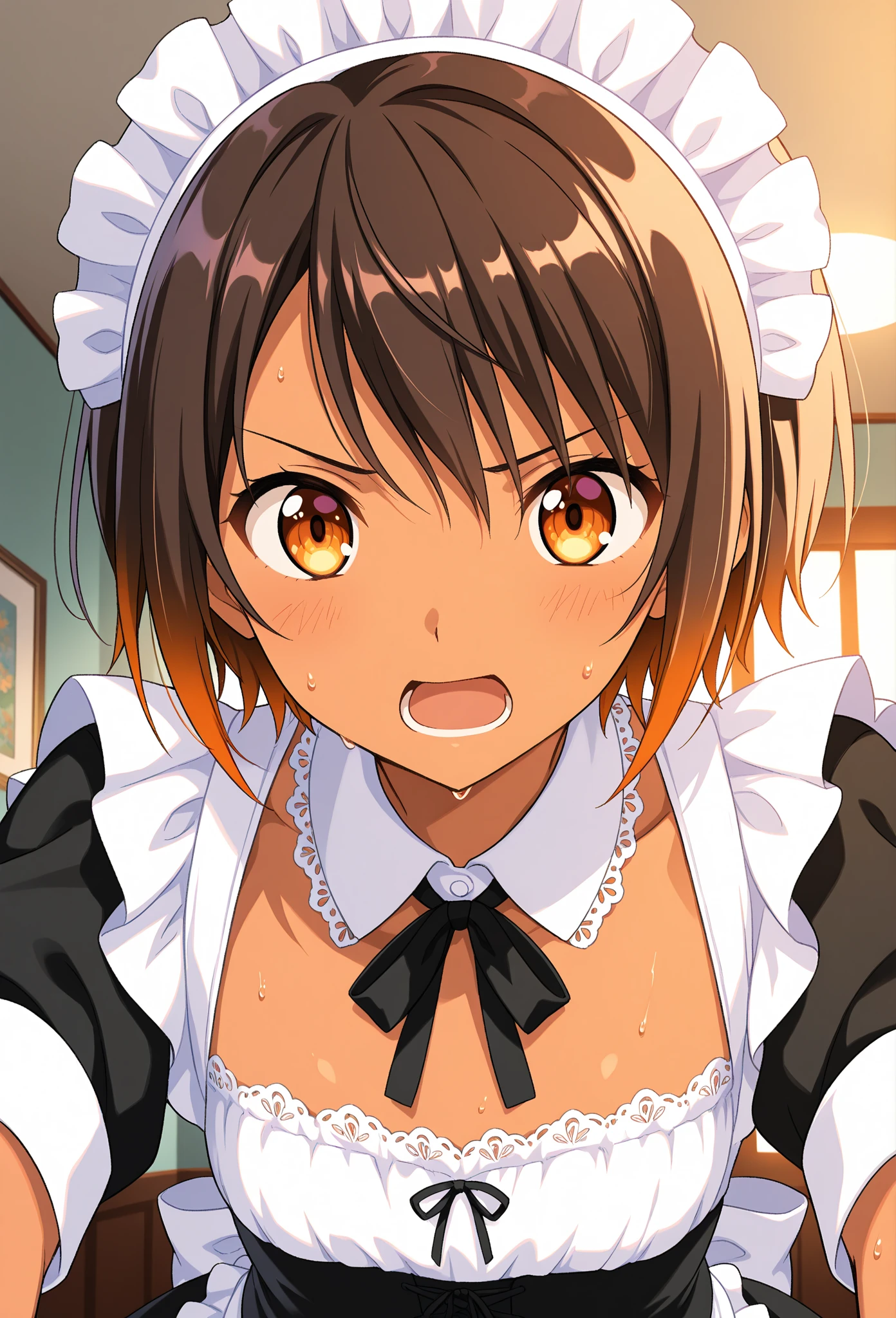 Anime girl, young adult, dark brown skin, wearing a maid outfit,  black bodice with white lace trim, a maid's cap, and dark brown hair,  long, straight, styled with bangs that cover the forehead.  Amber eyes, intense expression, slightly open mouth,  showing a hint of anger or determination.  Body in a dynamic pose, arms outstretched,  revealing upper body details,  with sweat visible on skin.  Indoor setting,  with a blurred background suggesting a dimly lit room or interior space, filled with scattered money.  The clothing, style, and color palette are reminiscent of anime style,  with vibrant,  saturated colors, detailed lace patterns on dress and a slight glow around the subject.  Close-up view,  mid-shot, emphasizing the girl's face and upper body.  Warm,  soft lighting highlights the figure.  Focus on the main character, with a bit of background visible, with money notes adding depth.  Anime style,  close up,  vibrant colors.  --ar 1:1.7 --v 5 --q 2 --s 700