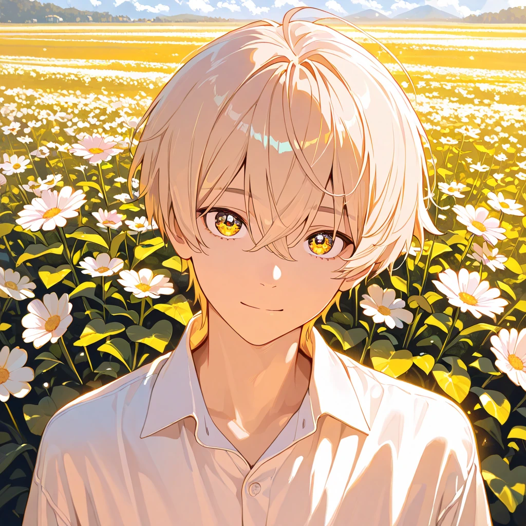 1 boy, ((little boy)), (shota), sitting in a field of green plants and flowers, white short hair, shiny green eyes, light smile, white short t-shirt, beige cotton short, warm lighting, beautiful background, background blur, from side, from above, look at viewer, best quality, high quality, absurd-resolution, highly detailed, masterpiece, 8k cg wallpaper, detailed eyes, detailed face, detailed hair, perfect lighting,