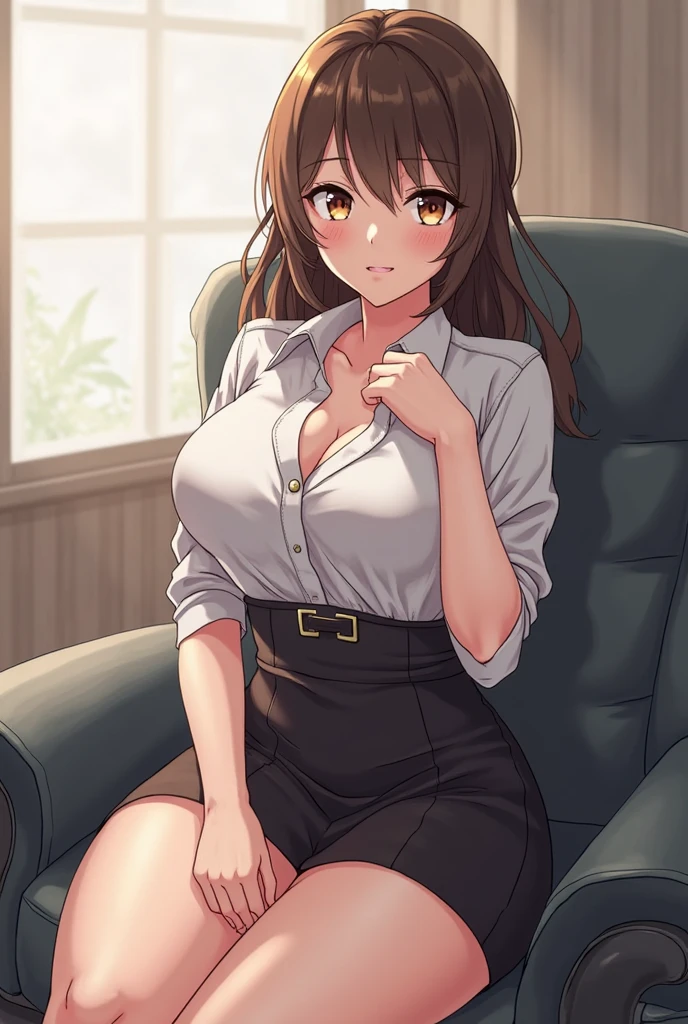 slim girl with brown hair and see through long sleeve blouse and brown skirt