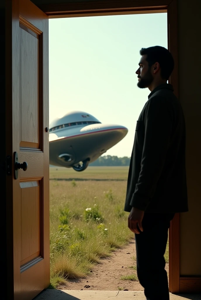 Man is open the door and he see alien came to land
